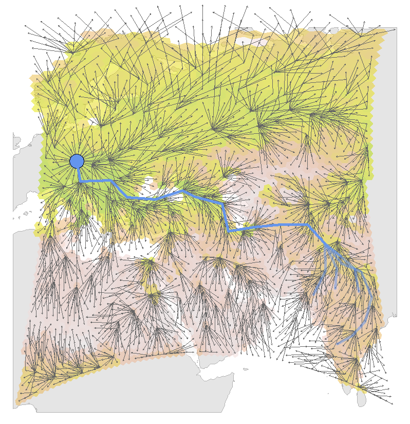 Example of the simulation results for one date and one breeding population (CZE). The bakcground colors indicate the maximum NDVI values for each grid cell at this date (2012-09-01). The arrows indicate possible flight bouts. The blue lines are the resulting tracks, based on the possible flight bouts and the maximized prospective survival for each wintering site.
